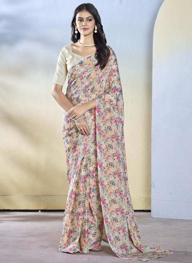 Georgette Off White Party Wear Printed Ready To Wear Saree